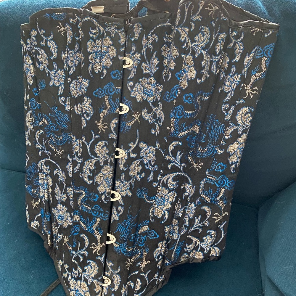 Blue silver and black brocade 20 inch corset steel boned some wear